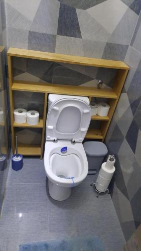 a bathroom with a white toilet in a room at City Grand Apartman in Szombathely