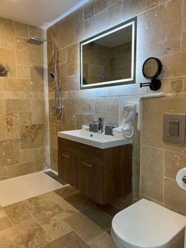 een badkamer met een wastafel, een toilet en een douche bij Hôtel La Pinède in Soulac-sur-Mer