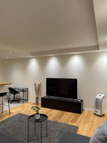 a living room with a large flat screen tv at Super appartement refait à neuf beaucoup de charme in Boulogne-Billancourt