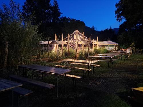 a row of picnic tables in a field at night at Gîte Monts et Merveilles in Mollau
