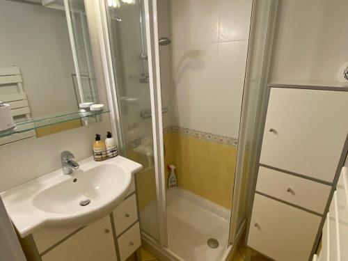 une salle de bain avec un lavabo et une douche dans l'établissement Appartement cosy à Châtel avec parking privé, proche centre et télécabine. Animaux non admis. - FR-1-693-45, à Châtel
