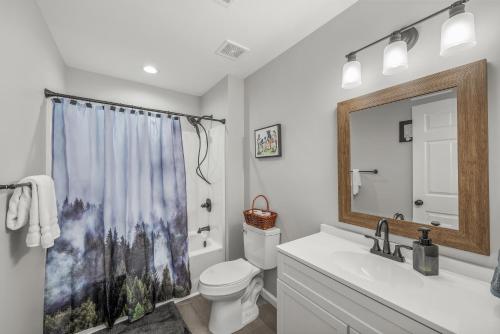 W łazience znajduje się toaleta, umywalka i lustro. w obiekcie The Otter Box Cabin - 92 Acres Beside DeSoto State Park w mieście Fort Payne