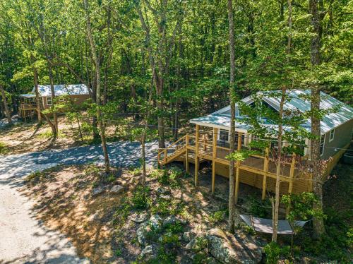 an overhead view of a house in the woods at The Otter Box Cabin - 92 Acres Beside DeSoto State Park in Fort Payne