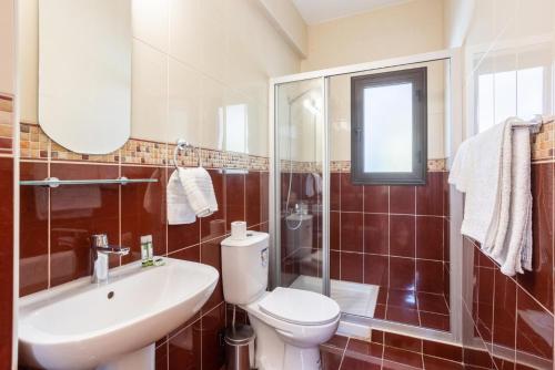 ein Badezimmer mit Toilette, Waschbecken und Spiegel in der Unterkunft Villa Iliana in Polis Chrysochous