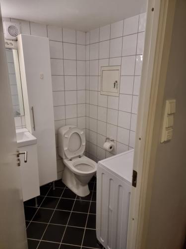 卑爾根的住宿－Apartment 7 min from the airport，一间带卫生间和水槽的小浴室