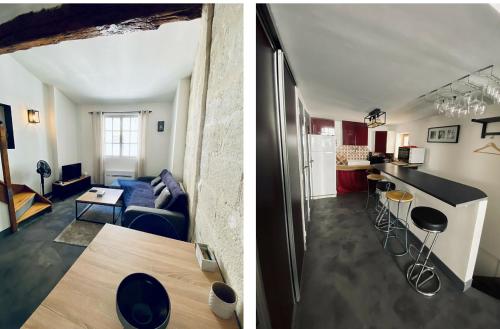 deux images d'un salon, d'une cuisine et d'un salon dans l'établissement Maison de ville en plein cœur d'Avignon Intramuros, à Avignon