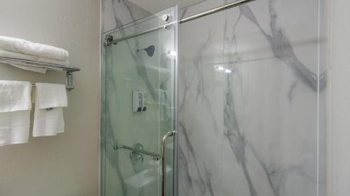 a shower with a glass door in a bathroom at Red Roof Inn and Conference Center Chicago - N Aurora Naperville in North Aurora