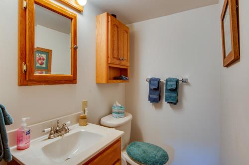 ein Badezimmer mit einem Waschbecken, einem WC und einem Spiegel in der Unterkunft Historic Morrisdale Area Cabin with Deck and Fireplace 