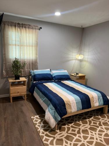 a bedroom with a bed with blue pillows on it at Cozy Rockford Home in Rockford