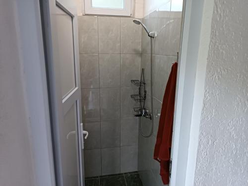 uma casa de banho com um chuveiro e uma porta de vidro em cottage h & i em Jajce