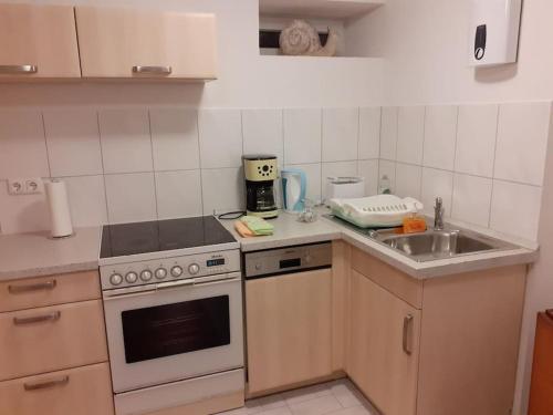 a small kitchen with a sink and a stove at 4 km zu A7 und A71, Idylle am Bach, großer Garten in Euerbach