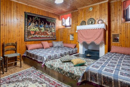 a bedroom with two beds and a painting on the wall at Monodendri Vintage House in Monodendri
