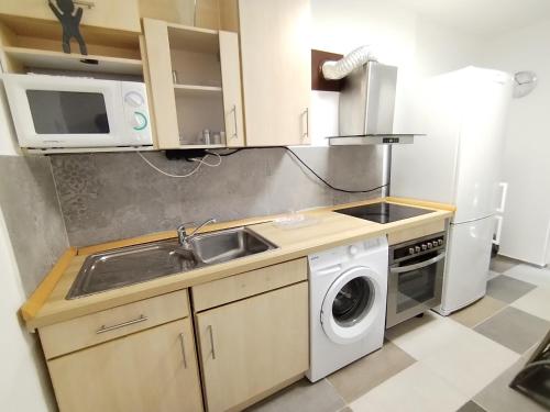 a kitchen with a sink and a washing machine at Apartman Lola Ruža in Zrenjanin