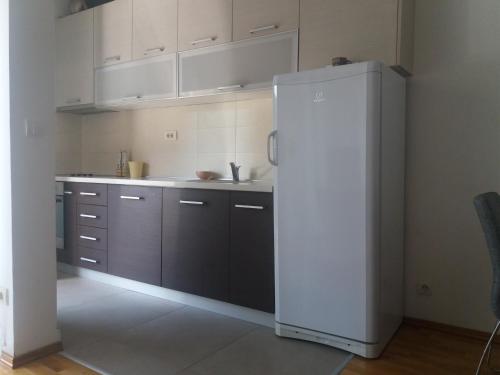 eine Küche mit einem weißen Kühlschrank im Zimmer in der Unterkunft Lucia Apartment in Budva