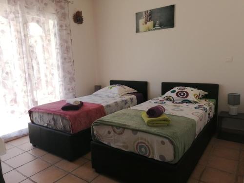 two twin beds in a room with a window at Entre Provence et Camargue in Jonquières-et-Saint-Vincent