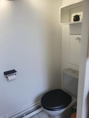 La salle de bains est pourvue de toilettes noires et d'un couvercle noir. dans l'établissement Hyper-Centre /4 personnes/ Cathédrale / Ascenseur, à Reims