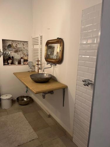 La salle de bains est pourvue d'un lavabo et d'un miroir sur un comptoir. dans l'établissement Cityapartment Josefstadt, à Vienne