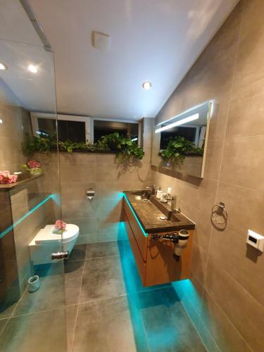 a bathroom with a sink and a toilet with plants at Immerloopark B&B in Arnhem