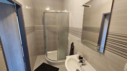 a bathroom with a shower and a sink at Penzión Alexandra in Hokovce