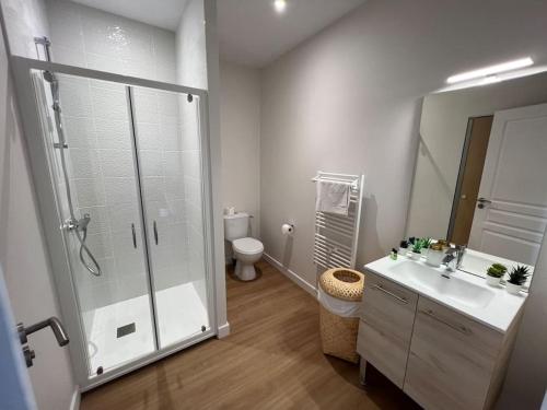 een badkamer met een douche, een wastafel en een toilet bij Appartement centre ville * terrasse * clim * WIFI * Haut de gamme * in Angoulême