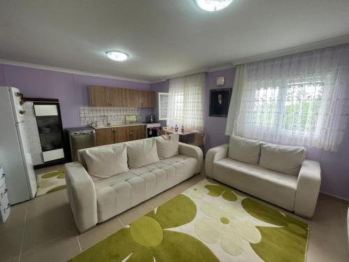 uma sala de estar com dois sofás e uma cozinha em Aile Dağ evi em Arsin