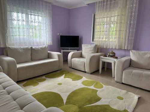 uma sala de estar com dois sofás e uma televisão em Aile Dağ evi em Arsin