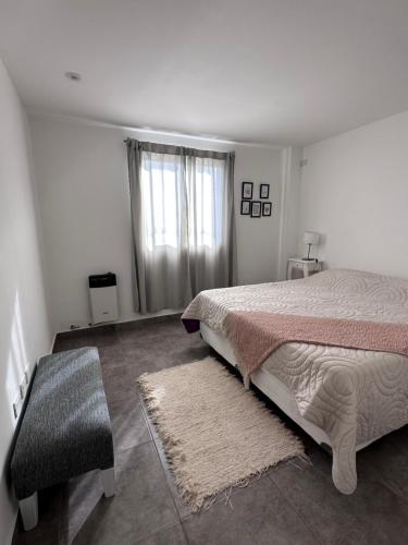 ein Schlafzimmer mit einem Bett, einem Fenster und einem Teppich in der Unterkunft Departamentos amueblados Villanueva in Villa Mercedes