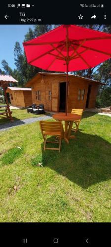 a picnic table with a red umbrella in the grass at Mundo Nuevo Cabañas in Ráquira