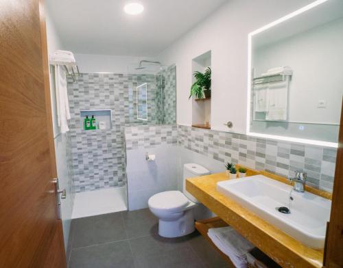 a bathroom with a toilet and a sink and a shower at CASA EMBLEMÁTICA MARUCA y LELI in Los Silos