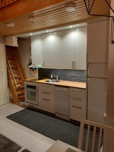 a kitchen with a sink and a refrigerator at Aparthotel LeviStar in Levi