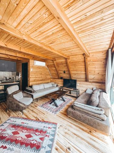 Habitación grande de madera con sofás y TV. en MERCE BUNGALOV, en Sakarya