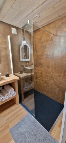 a bathroom with a shower with a sink and a mirror at Jack's Lodge - La Grange in Tosse