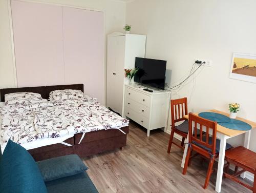 Schlafzimmer mit einem Bett, einem Tisch und einem TV in der Unterkunft SaraHome3 Center in Szeged
