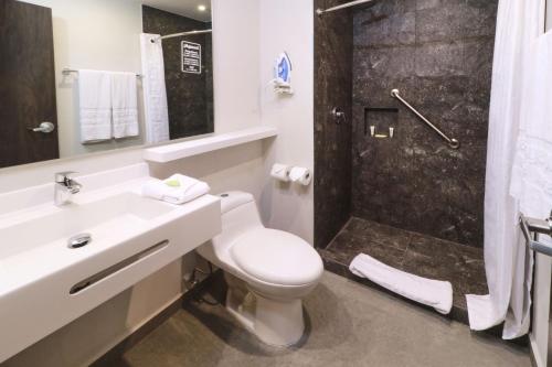 y baño con aseo, lavabo y ducha. en City Express by Marriott Monterrey Universidad en Monterrey