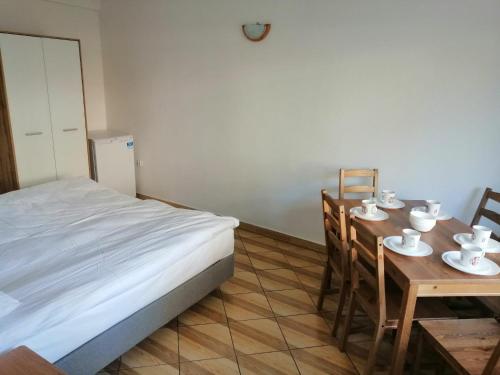 een slaapkamer met een bed en een tafel en stoelen bij Pensjonat Beata in Jastrzębia Góra