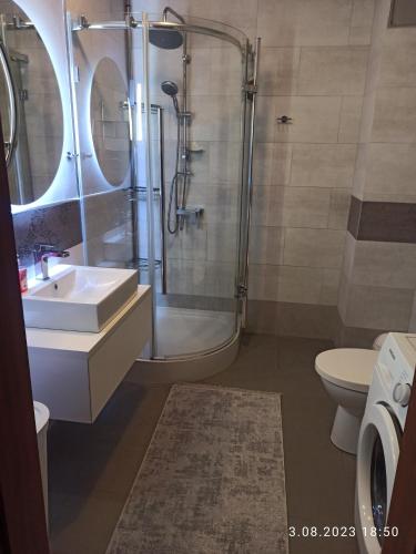La salle de bains est pourvue d'une douche, d'un lavabo et de toilettes. dans l'établissement Reda-Centrum, à Reda