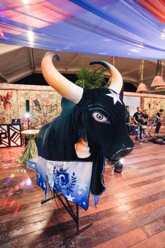 a statue of a black goat with large horns at Uiara Amazon Resort in Manaus