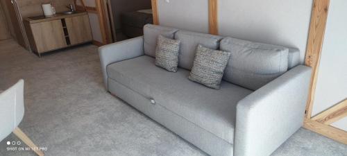 a couch in a living room with two pillows on it at APARTAMENT w PLATINUM MOUNTAIN Z PARKINGIEM in Szklarska Poręba