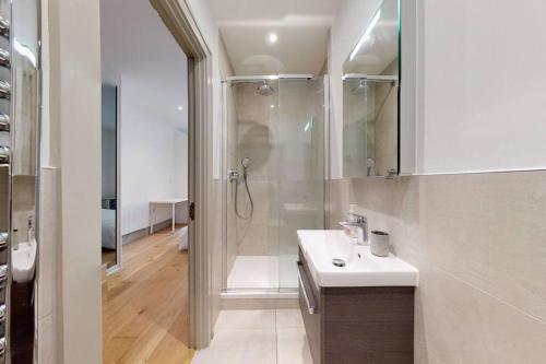 a bathroom with a shower and a white sink at London Stadium Apartment in London