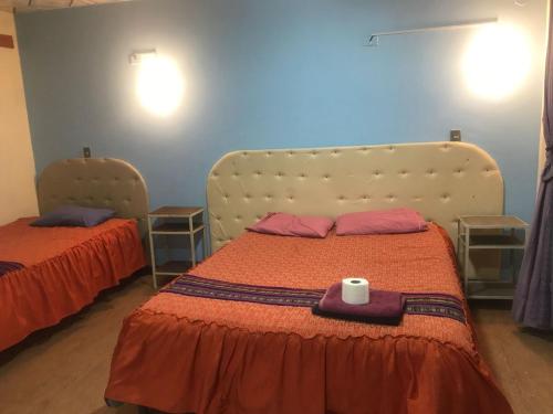 um quarto com uma cama com uma grande cabeceira de cama em EUCALYPTUS POTOSI em Potosí