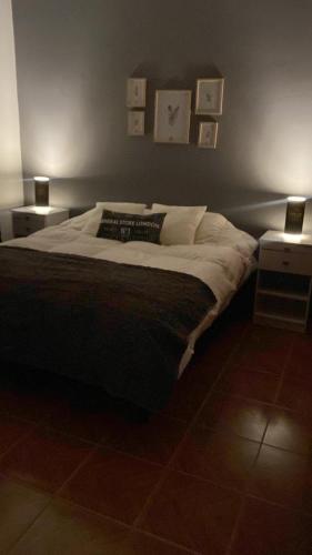 1 dormitorio con 1 cama grande y 2 mesitas de noche en La escondida departamento en Salta