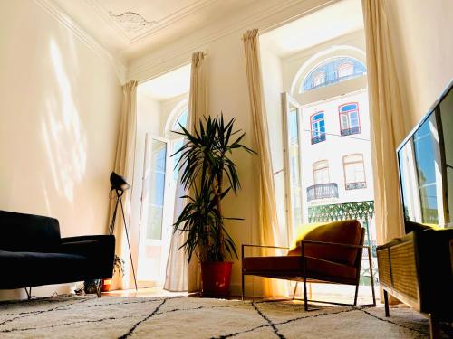 sala de estar con ventana grande y planta en Royal Prince Apartments - Jardim do Príncipe Real, en Lisboa