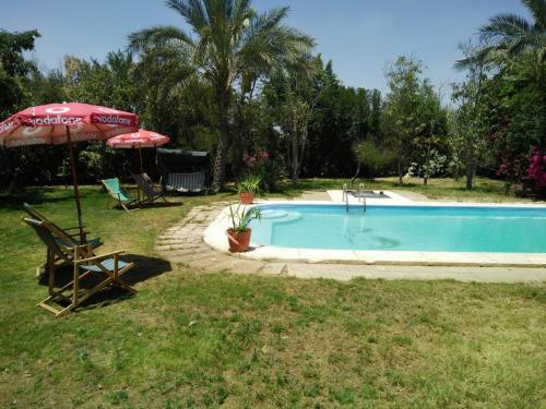 uma piscina com um guarda-sol e uma cadeira em Sandorini country club em Banī Salāmah