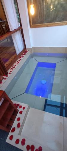 a room with a pool with red roses on the floor at La Casa de Martin in Baños