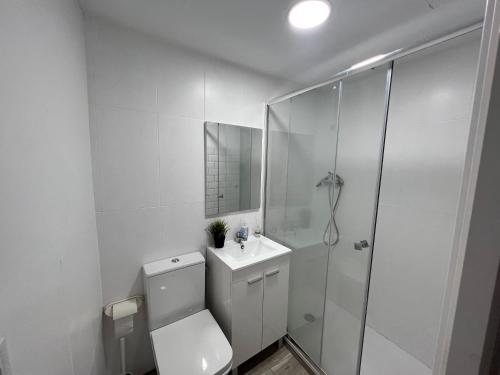 ein weißes Bad mit einem WC und einer Dusche in der Unterkunft Piso en el centro de Monistrol de Montserrat in Monistrol de Montserrat