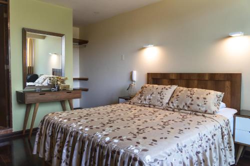 1 dormitorio con 1 cama grande y espejo en Montreal Hostal, en Lima