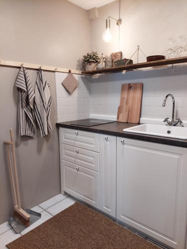 a kitchen with a sink and a counter top at Old Charm Apartment - Keflavík Downtown in Keflavík