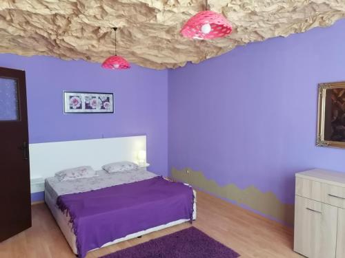 1 dormitorio con paredes de color púrpura y 1 cama de color púrpura en Кирил и Методий Апартамент en Burgas