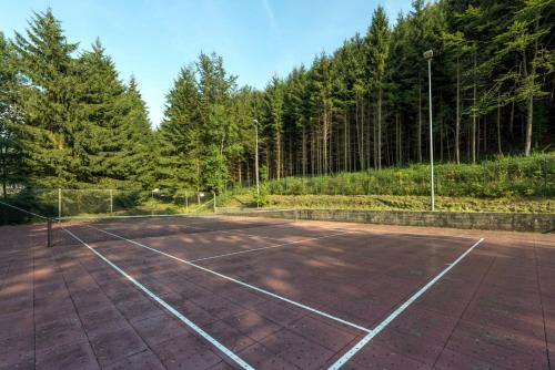 a tennis court with trees in the background at Parc Hotel Alvisse in Luxembourg