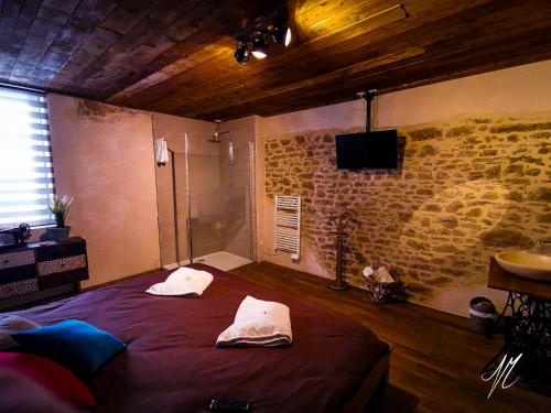 a bedroom with a bed with a tv on the wall at LA GRANGE DES FRANGINES in Saint-Amour